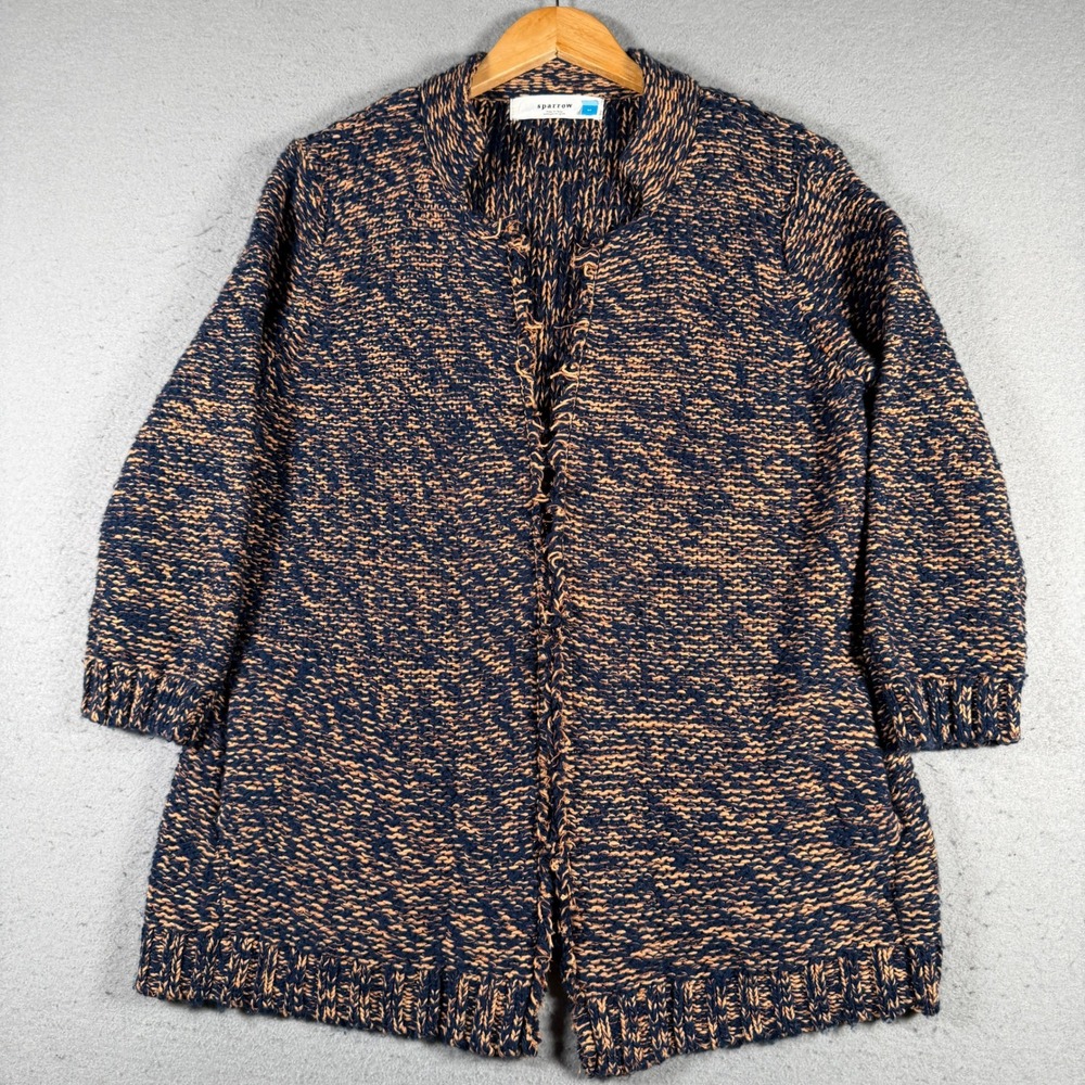 Sparrow Anthropologie Navy Tan Marled Linen Wool Blend Open Cardigan Sweater M